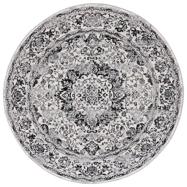 Tulum 3 ft. x 3 ft. Ivory/Black Distressed Abstract Floral Round Area Rug