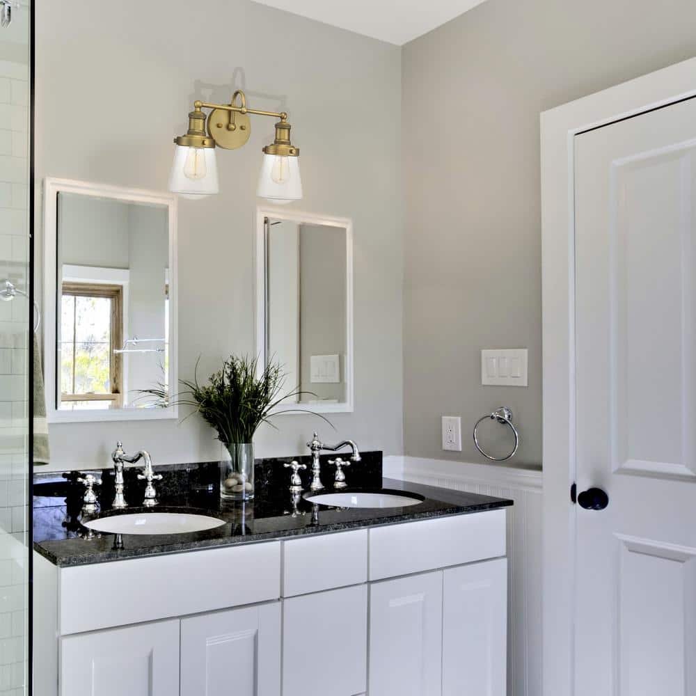 Taylor Old Satin Brass 2-Light Dimmable Vanity Fixture with Clear Glass Shades