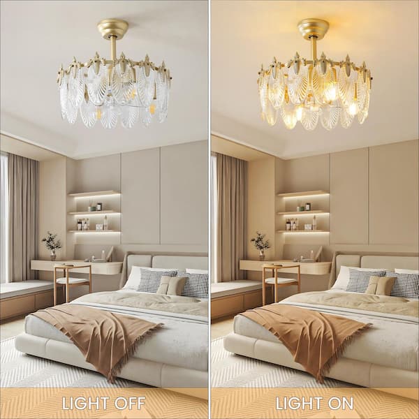 21 in. Indoor Crystal Enclosed Feather Glass Gold Ceiling Fan with Light and Remote Control 6-Speed Reversible Motor