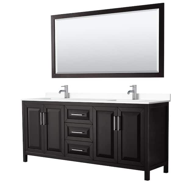 Wyndham Collection Daria 80in.Wx22 in.D Double Vanity in Dark Espresso with Cultured Marble Vanity Top in White with Basins and Mirror