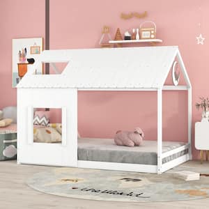 White Full Size House Bed Frame, Full Floor Bed Montessori Bed Frame with Roof and Window for Kids, Girls, Boys