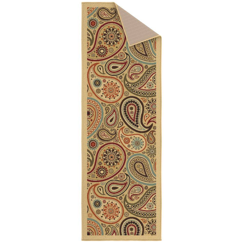 Beige and Red Synthetic Paisley Non-Slip Runner Rug