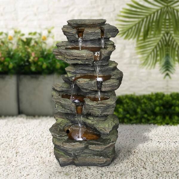 Outdoor Water Fountain with LED Lights Cascade 4 Tier Rock Garden Large Patio 