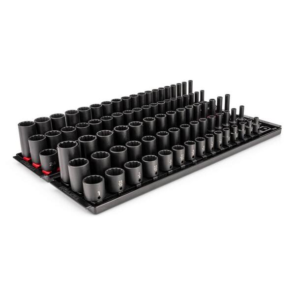 3/8 In. Dr. Shallow, Semi-Deep, and Deep 12pt Impact Socket Set with Rails and Trays, 102-Piece (1/4-1 in., 6-24 mm)