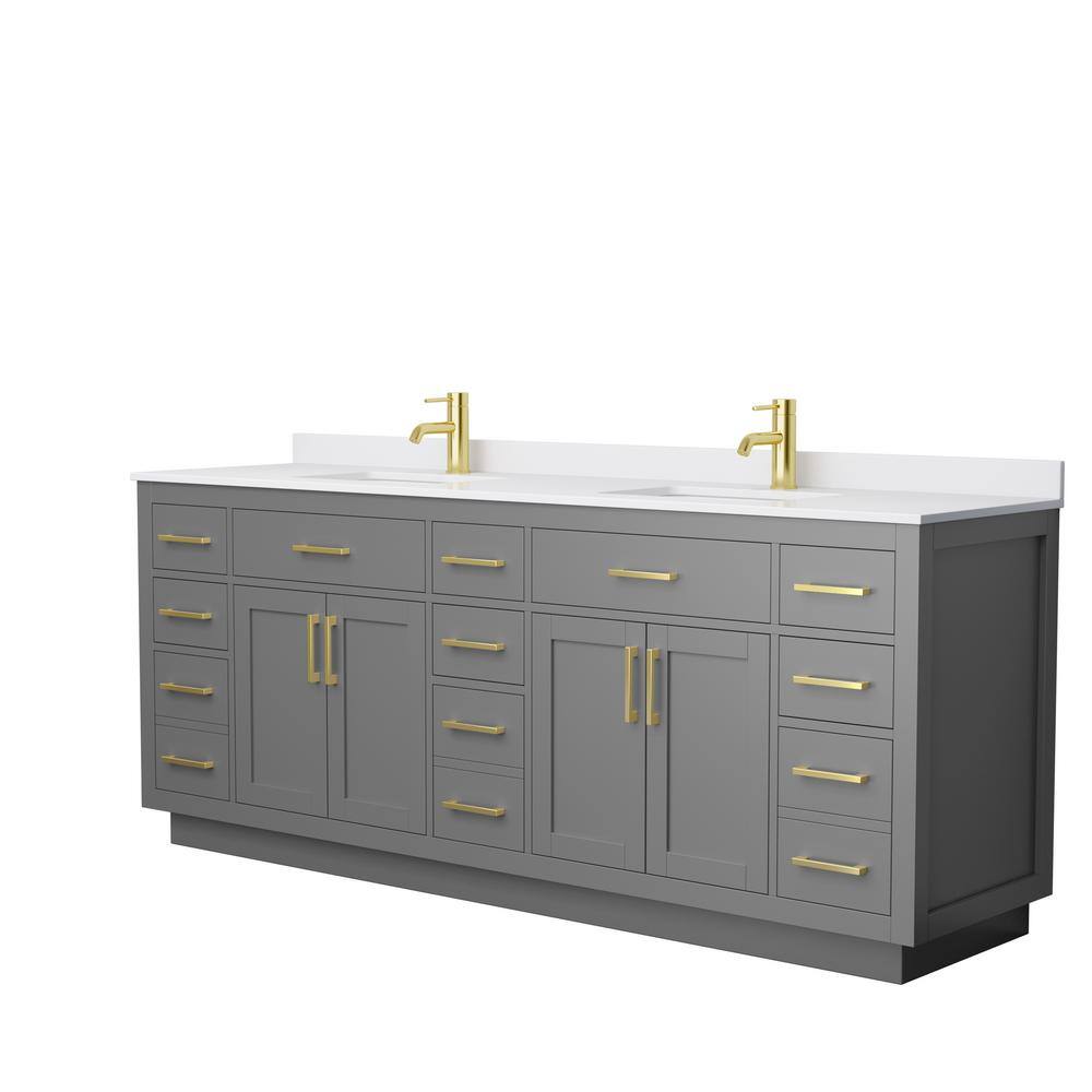 Wyndham Collection Beckett TK 84 in. W x 22 in. D x 35 in. H Double Bath Vanity in Dark Gray with White Cultured Marble Top, Dark Gray with Brushed Gold Trim -  840193394278