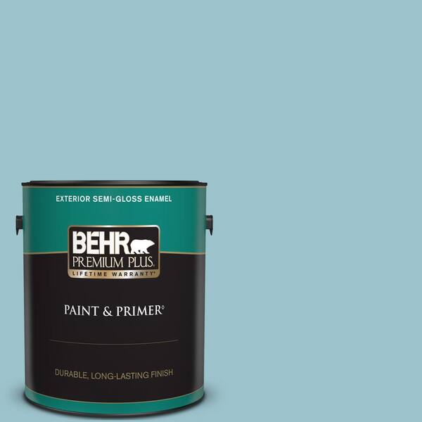 BEHR PREMIUM PLUS 1 gal. #ICC-99 Alluring Blue Semi-Gloss Enamel Exterior Paint & Primer