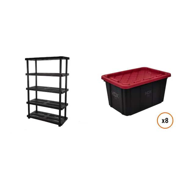 48 in. x 75 in. x 20 in. 5-Tier Black Garage Shelving Unit and 27 Gal. Black and Red Storage Tote (8-Count) Combo