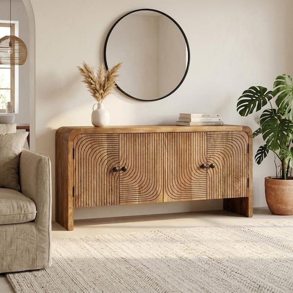 Brown Wood 63 in. Carved Front Waterfall Edge Sideboard