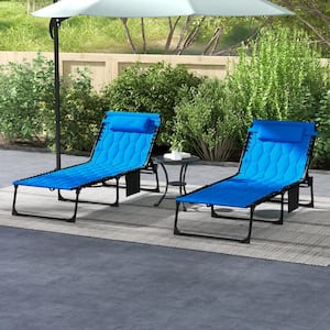 2 of Pieces Blue Folding Outdoor Chaise Lounge with 5-level Reclining Back, Padded Seat, Side Pocket and Headrest