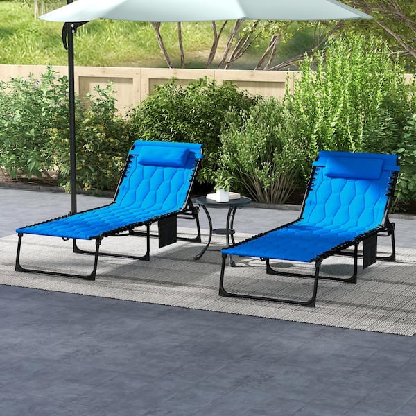 2 of Pieces Blue Folding Outdoor Chaise Lounge with 5-level Reclining Back, Padded Seat, Side Pocket and Headrest