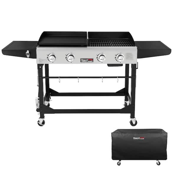 Royal Gourmet 4-Burners Portable Propane Gas Grill and Griddle Combo Grills in Black with Side Tables with Cover