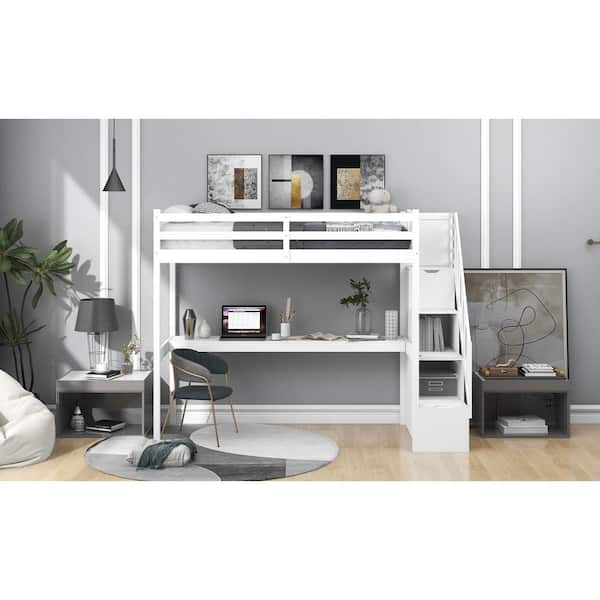 Urtr White Twin Loft Bed With Desk And Storage Wood Loft Bed Frame With  Staircase Storage Loft Bed For Boys Girls Teens T-00954-K - The Home Depot