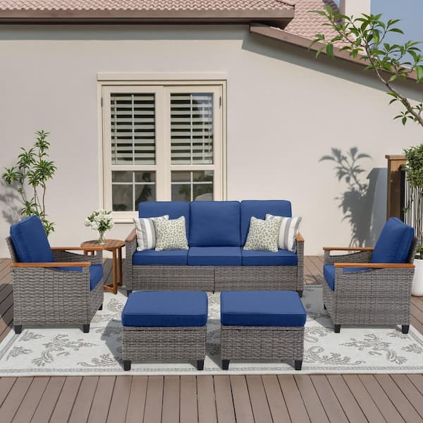 Buenaola Caladin 6-Piece Wood and Wicker Patio Conversation Set, Outdoor 5-Person Seating Group Sofa Set With Blue Cushions