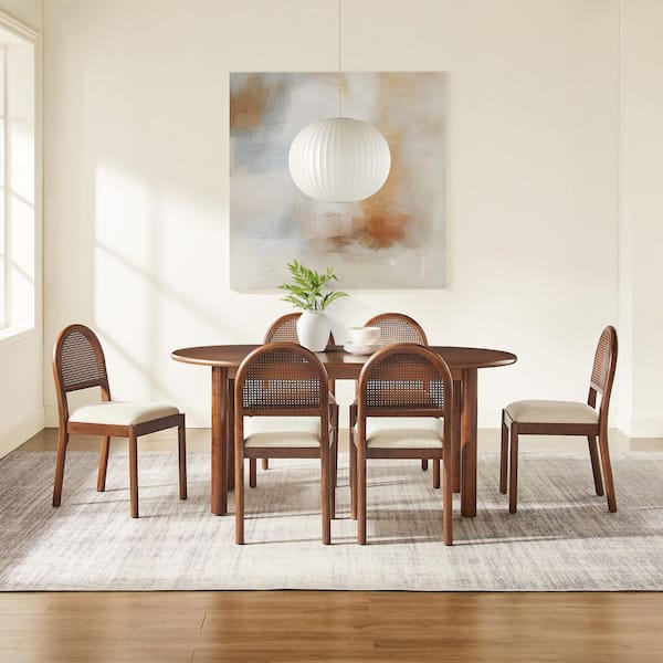 Kennedy 7-PC Walnut Dining Set with Creme Linen Upholstered Chairs