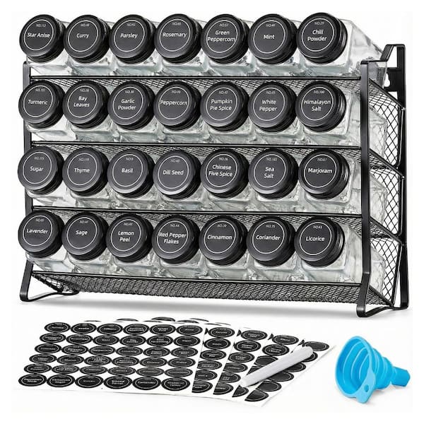 4-Tier Black Cabinet Mount Spice Rack Organizer Set with 28 pcs Empty Jars, Labels, Funnel for Kitchen Pantry