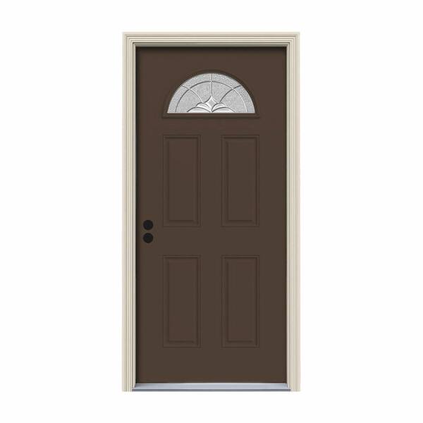 JELD-WEN 30 in. x 80 in. Fan Lite Langford Dark Chocolate Painted Steel Prehung Right-Hand Inswing Front Door w/Brickmould