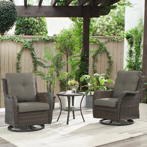Opohoro ArcoBay 3-Piece Brown Wicker Swivel Outdoor Rocking Chairs Patio Conversation Set with Olefin Gray Cushions