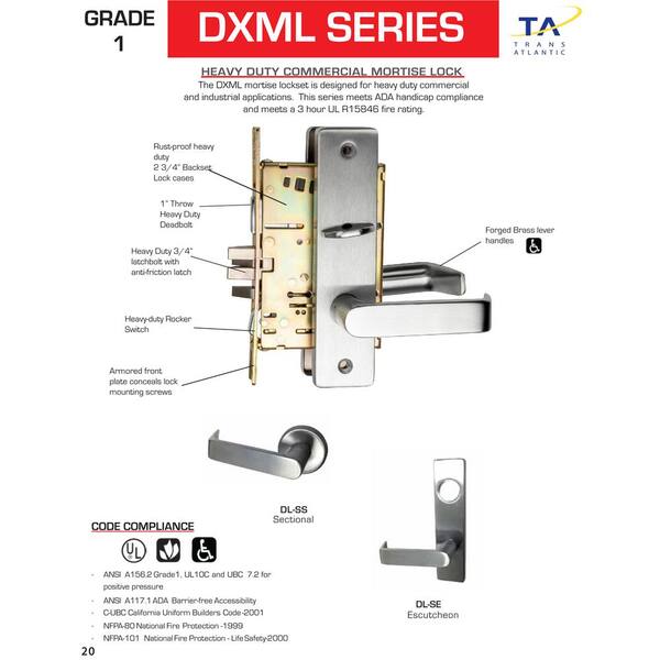 Taco DXML Series Brushed Chrome Classroom Mortise Lock Door Handle with  Escutcheon Right-Handed Lever DXML70SERH26D - The Home Depot