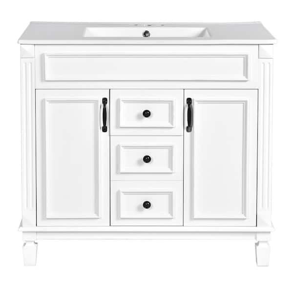 Virubi 35.9 in. W Single Sink Bath Vanity in White with White Ceramic Top, Soft Closing Doors, Drawers