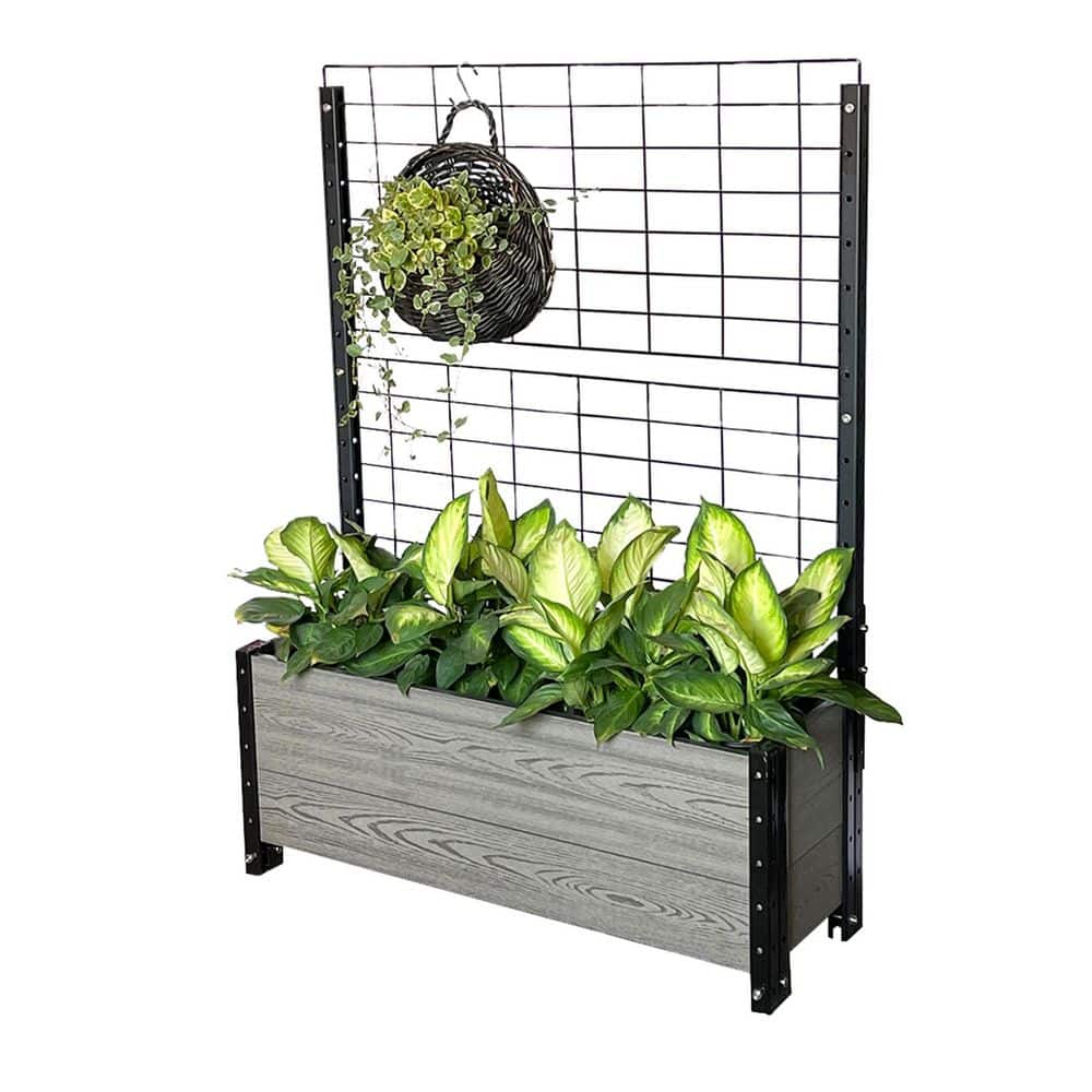 EverBloom 12 in. D x 47 in. H x 36 in.W Grey and Black Composite and Steel Trough Planter Box Raised Garden Bed with Trellis K2105G - The Home Depot