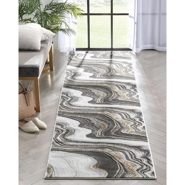 Fairmont Warren Grey 2 ft. 7 in. x 9 ft. 10 in. Retro Glam Abstract Runner Area Rug