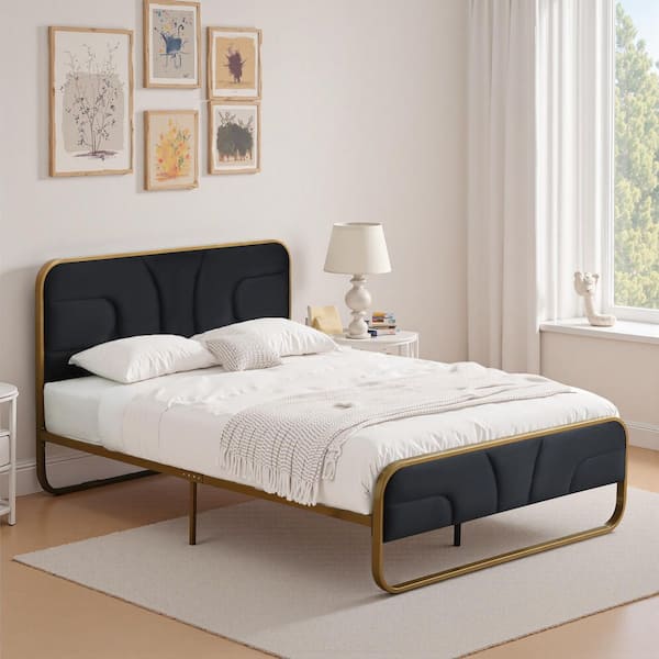Black Frame Queen Size Soft Velvet Platform Bed with 10 in. Under Bed Storage Supported by Metal and Wooden Slats