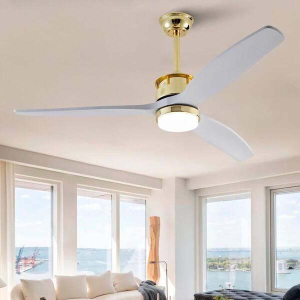 52 in Modern Gold Solid Wood White Standard 2-Size Downrod Mount Ceiling Fan with 3-Color Dimmable LED Light and Remote
