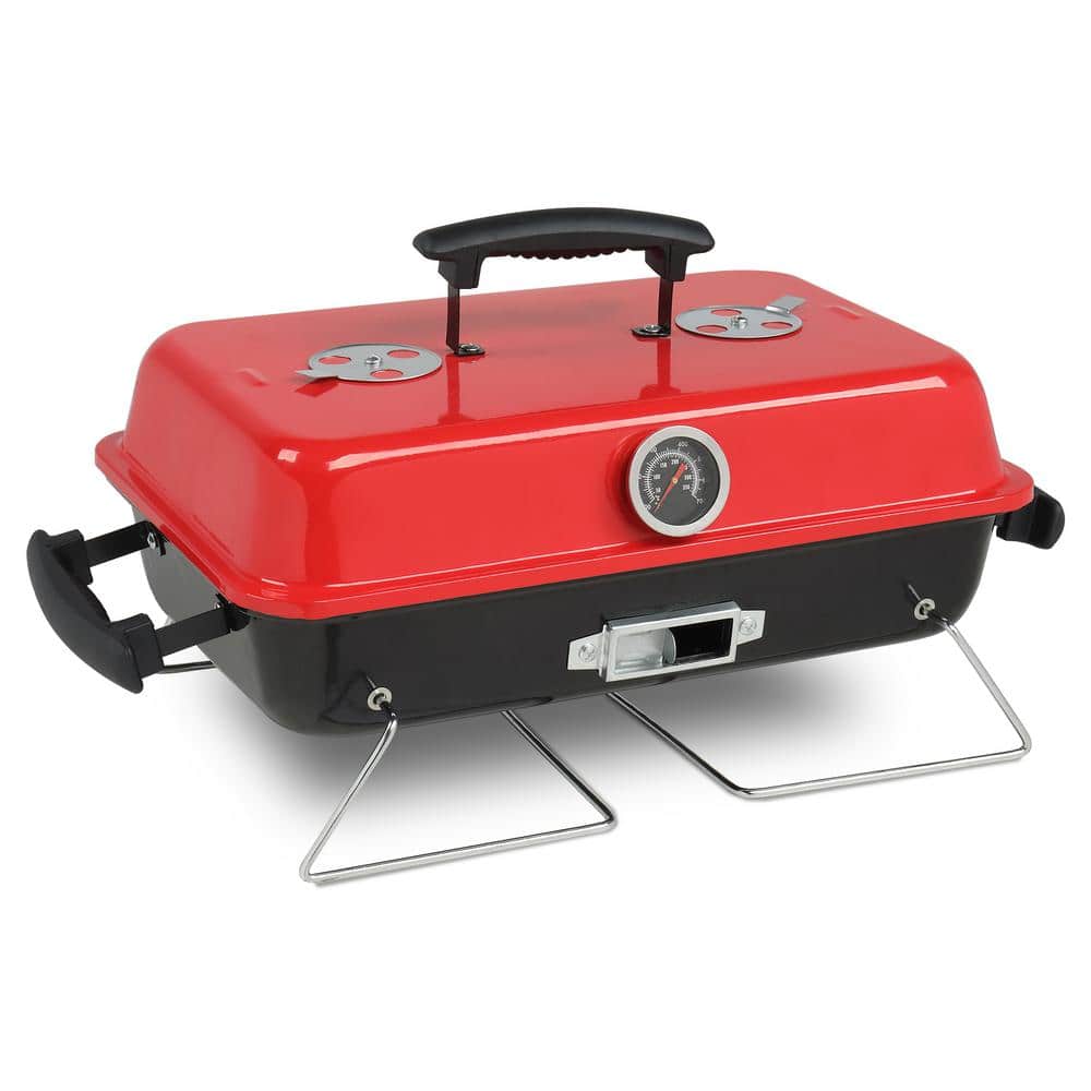 Red and Black Portable Cast Iron Charcoal Grill