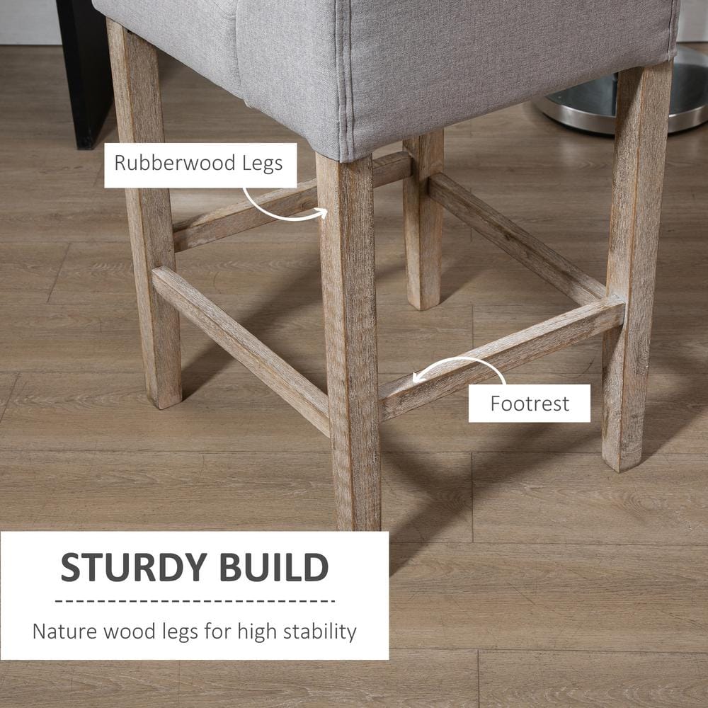 Gray Tufted Upholstered Bar Stools with Rubber Wood Legs, Set of 2