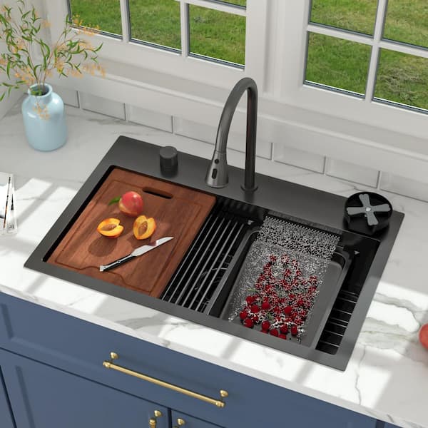 31 in. Gunmetal Black Drop-In Single Bowl 16 Gauge Stainless Steel Workstation Kitchen Sink with Faucet Combo