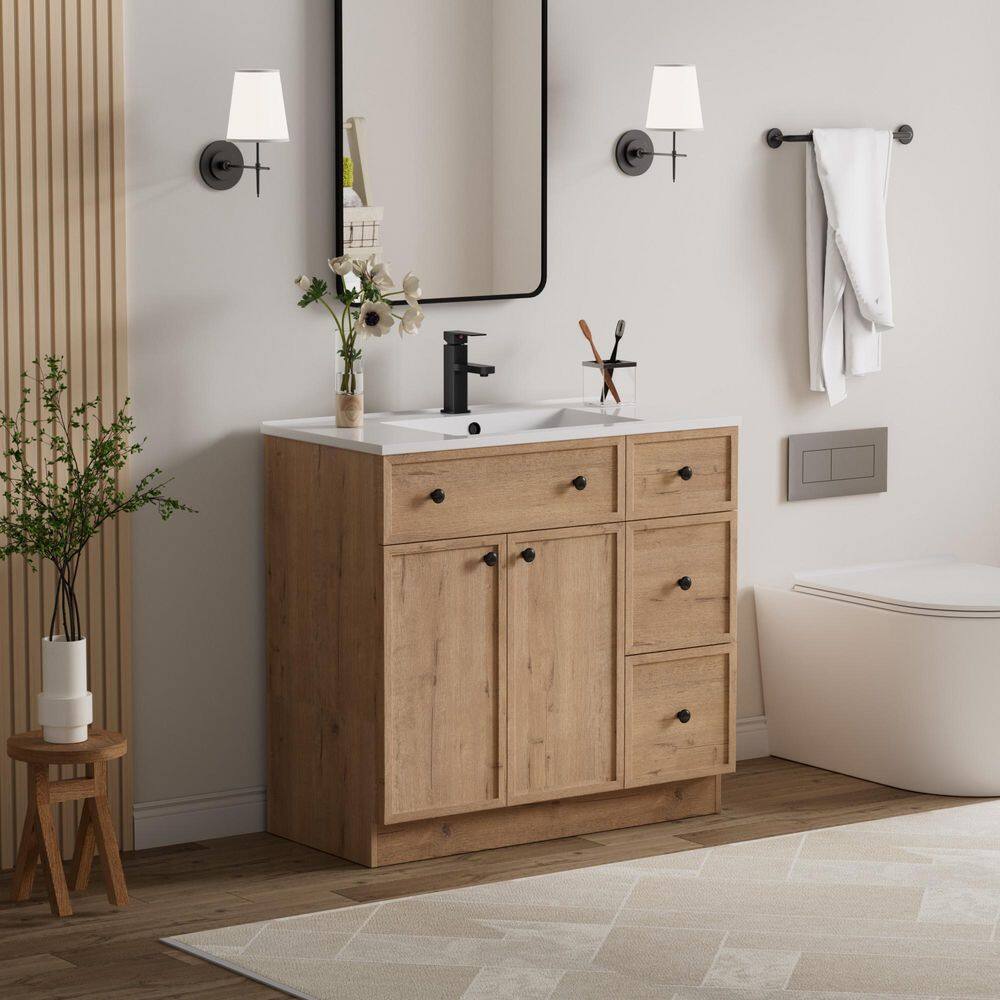 36 in. W x 18.3 in. D Single Sink Freestanding Oak Bath Vanity with White Integrated Composite Resin Top and Drain Set price history on PriceWatchPro