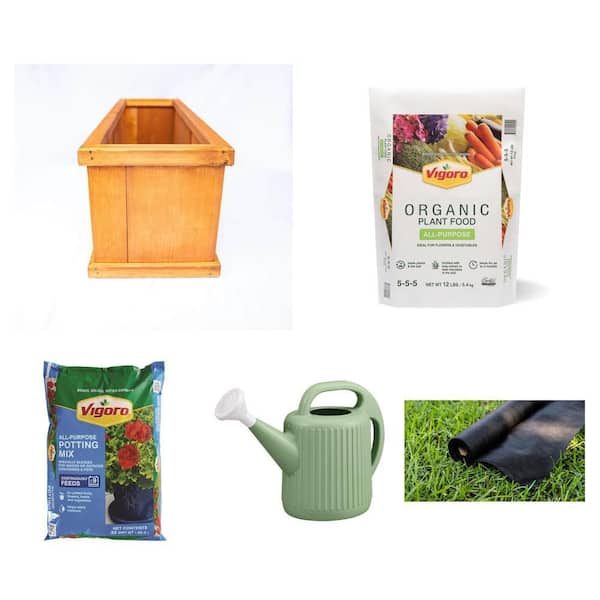 39.5 in. Planter Box, Plant Food, Potting Soil, Watering Can, Garden Fabric