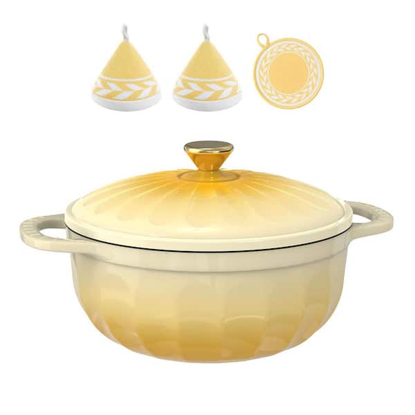 7.5 qt. Petal‑Shaped Enamel Cast Iron Dutch Oven in Yellow with Heat‑Resistant Mitts and Pot Mat
