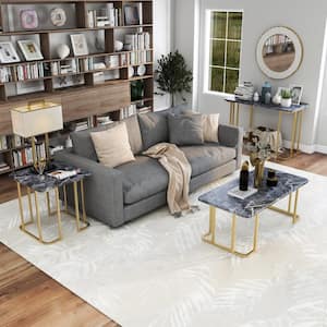 Pasadina 47.25 in. Gold Coating and Black Rectangle Faux Marble Top 3-Piece Coffee Table Set