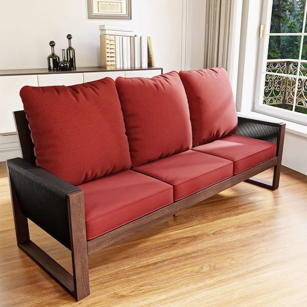 Light Walnut Wood Wicker Outdoor Couch Patio Sofa with Thicken Red Cushions