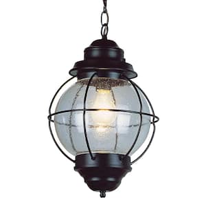 Catalina 10 in. 1-Light Black Outdoor Pendant Light with Seeded Glass