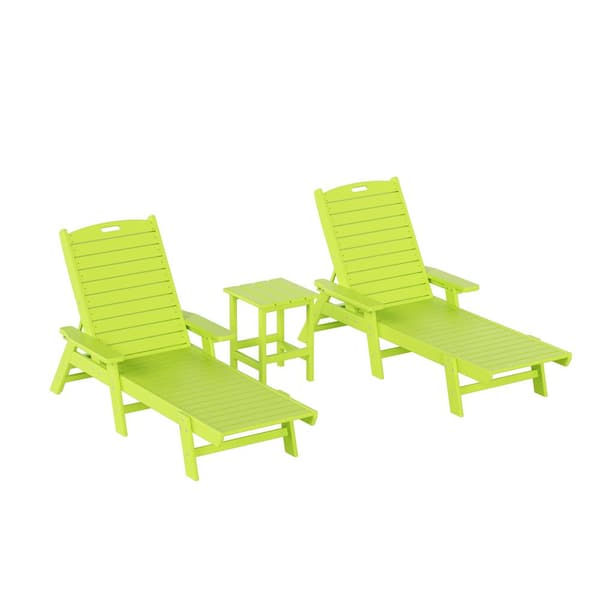 WESTIN OUTDOOR Harlo 3-Piece Lime Fade Resistant HDPE Plastic Reclining Outdoor Patio Chaise Lounge Arm Chair and Table Set