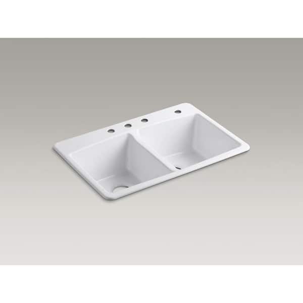 KOHLER Brookfield Drop-In Cast-Iron 33 in. 4-Hole Double Bowl Kitchen Sink with Simplice Faucet in White