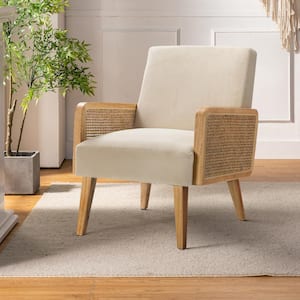 Delphine Modern Tan Accent Chair with Rattan Armrest and Wood Legs for Living Room and Bedroom