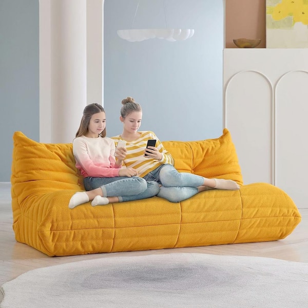 Magic Home Comfy Lazy Floor Sofa 34.25 in. 1-Seat Chair Teddy Velvet Bean Bag Armless Foam-Filled Thick Couch with Ottoman, Beige