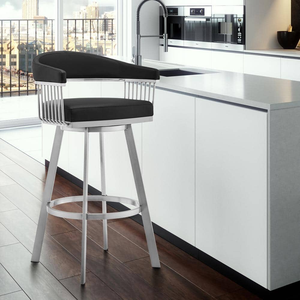 Chelsea 30 in. Black/Brushed Stainless Steel High Back Metal Swivel Bar Sto