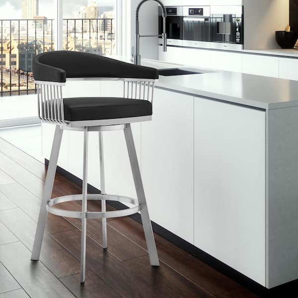 Armen Living Chelsea 30 in. Black/Brushed Stainless Steel High Back Metal Swivel Bar Stool with Faux Leather Seat