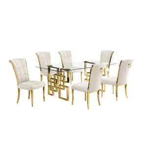 Dominga 7-Piece Rectangular Glass Top Gold Stainless Steel Dining Set with 6 Cream Velvet Long Back Gold Stainless
