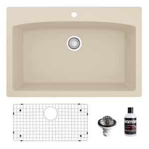QT-712 Quartz/Granite 33 in. Single Bowl Top Mount Drop-In Kitchen Sink in Bisque with Bottom Grid and Strainer