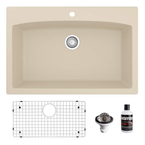 Karran QT-712 Quartz/Granite 33 in. Single Bowl Top Mount Drop-In Kitchen Sink in Bisque with Bottom Grid and Strainer