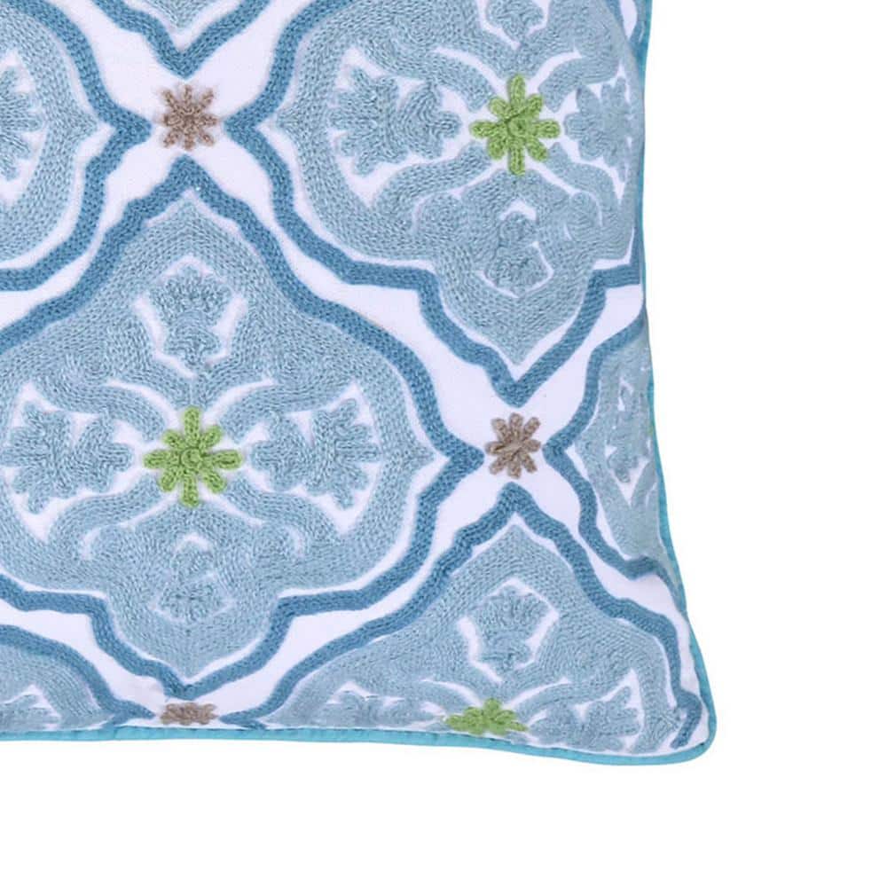 Teal and Ivory Cotton Embroidered Square Throw Pillow