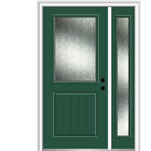 48 in. x 80 in. Left-Hand Inswing Rain Glass Hunter Green Fiberglass Prehung Front Door on 6-9/16 in. Frame