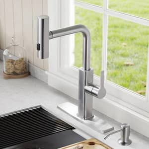 Waterfall 3-Mode Single Handle Pull Down Sprayer Kitchen Faucet with Advanced Spray, Soap Dispenser in Brushed Nickel