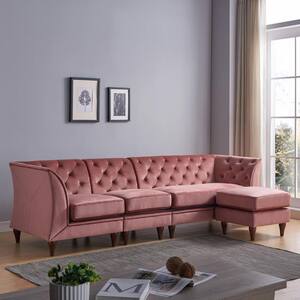 Danna PinkVelvet 4-Seater L-Shaped Modular Chesterfield Sectional Sofa with Tapered Wood Legs