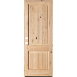 36 in. x 96 in. Rustic Square Top 2 Panel Right-Hand Inswing Unfinished Knotty Alder V-Grooved Wood Prehung Front Door